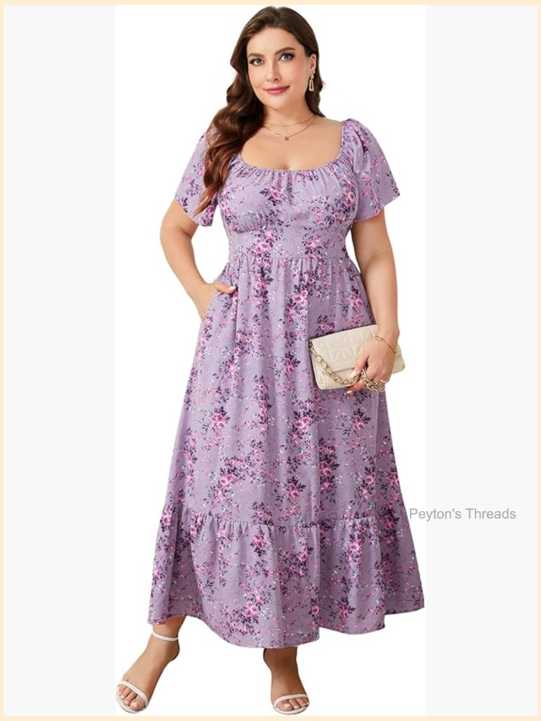 Plus Size Short Sleeve Maxi Dress High Waist Square Neck Floral Pockets